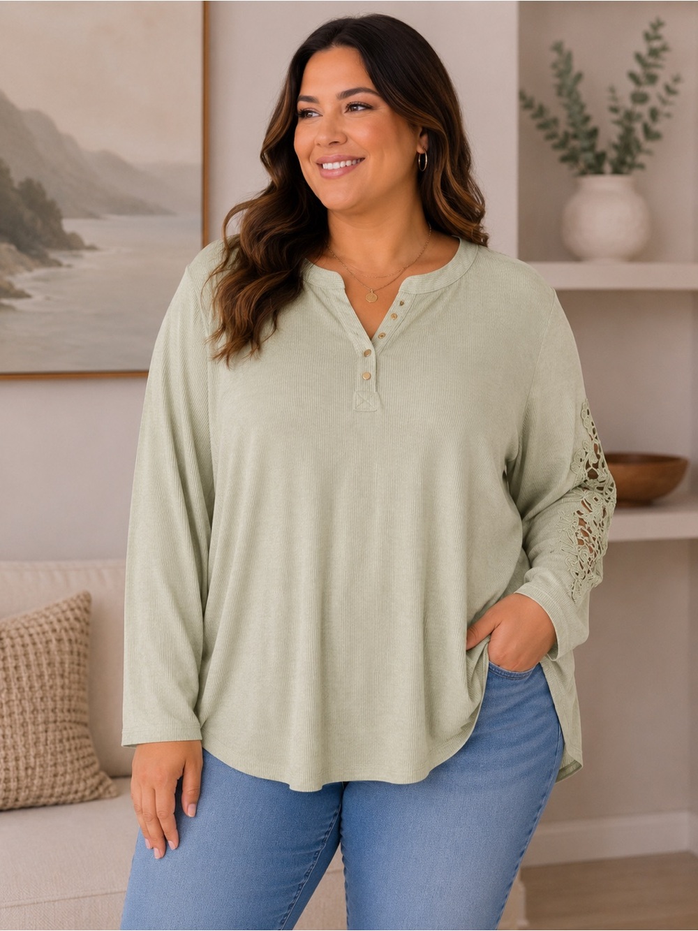 Design History Sage Green Ribbed Henley Lace Sleeve Top 2X